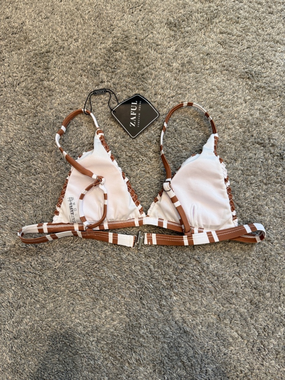 Zaful | NWT Brown and White Striped Smocked Triangle Bikini Top - Picture 3 of 9